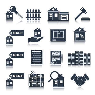 Real estate black icons set of house apartment and commercial property isolated vector illustration