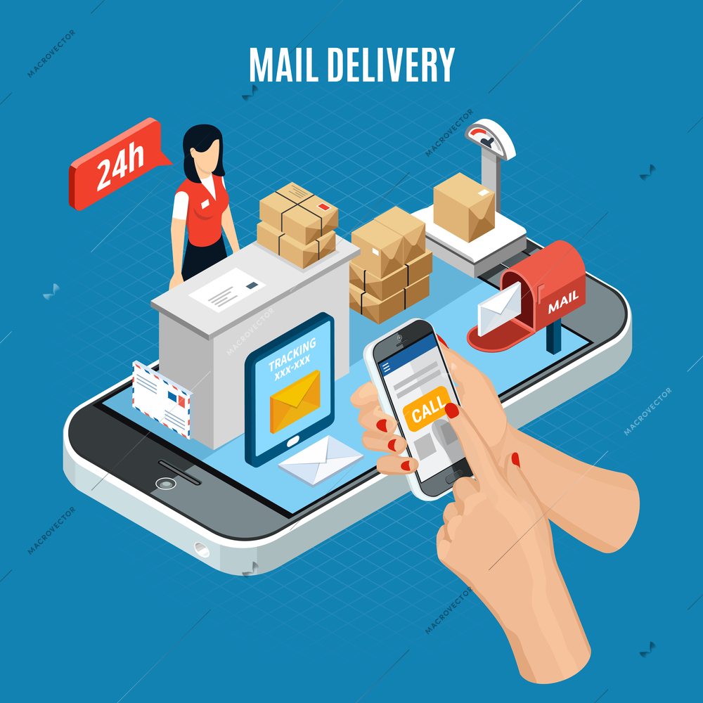 Isometric mail delivery composition with girl behind the information desk is working on issuing mail vector illustration