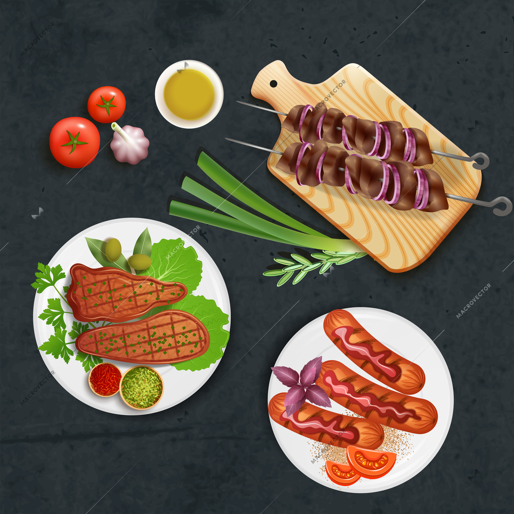 Delicious bbq dishes cooked on grill with sauce and vegetables realistic vector illustration