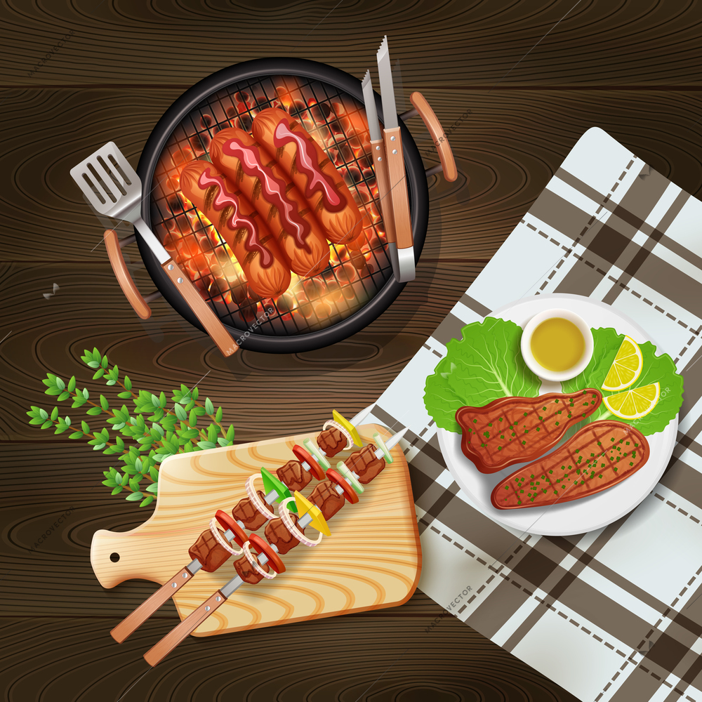 Bbq sausages kebab and steaks cooked on grill realistic vector illustration