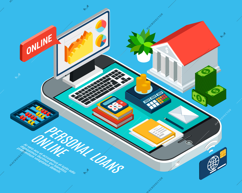 Loans isometric background composition with mobile banking related icons and documents on smartphone screen vector illustration