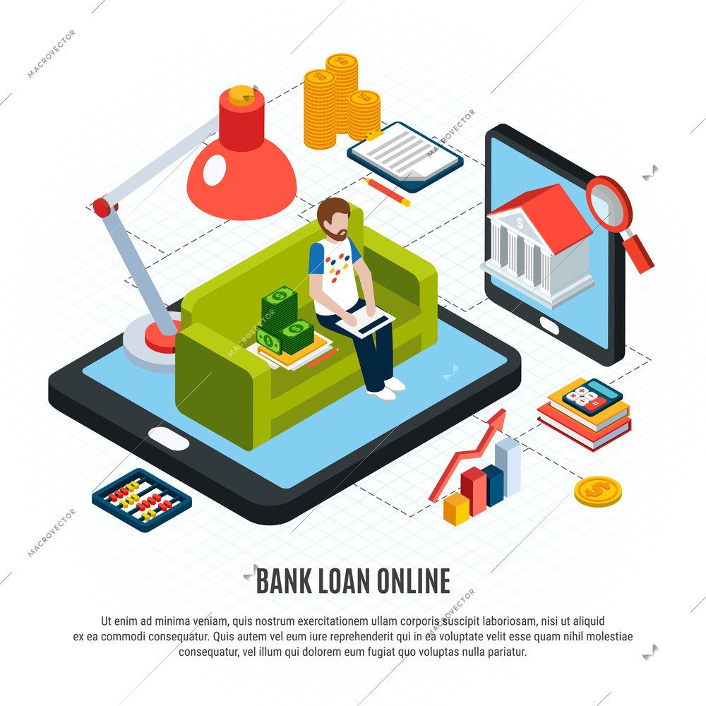Loans isometric background composition with editable text and conceptual images of online banking services and money vector illustration