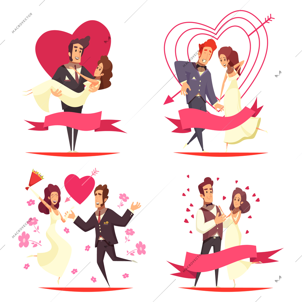 Newlyweds cartoon design concept, couples during bridal dance, groom carrying bride on hands isolated vector illustration