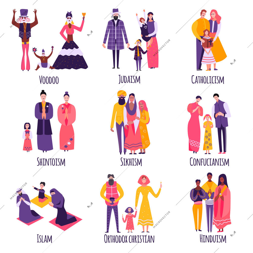 Different religious families, parents and kids in traditional clothing set of flat icons isolated vector illustration