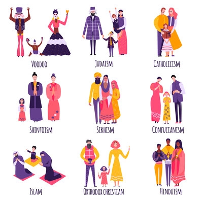 Different religious families, parents and kids in traditional clothing set of flat icons isolated vector illustration