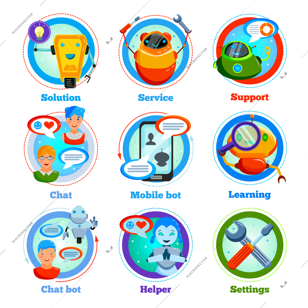 Chat bot flat icons with automatic program for support service, settings, learning, friendly communication isolated vector illustration