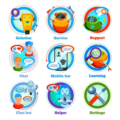 Chat bot flat icons with automatic program for support service, settings, learning, friendly communication isolated vector illustration