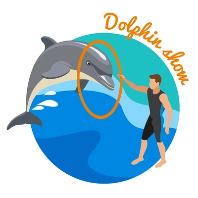 Dolphin show round design concept with trainer and Dolphin jump over the hoop at sea background isometric vector illustration