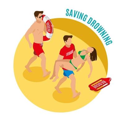 Saving drowning round design concept with two Beach lifeguards holding lifebuoy and saved girl isometric vector illustration