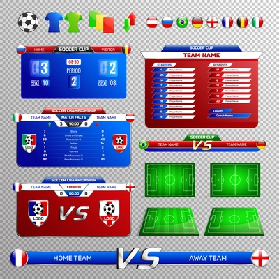 Set of soccer broadcast elements with tournament tables, country flags, fields, isolated on transparent background vector illustration