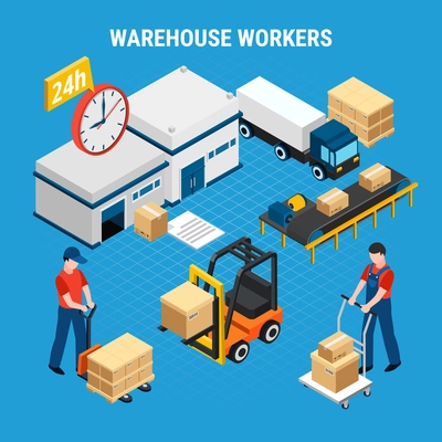 Warehouse workers loading and delivering boxes 3d isometric vector illustration