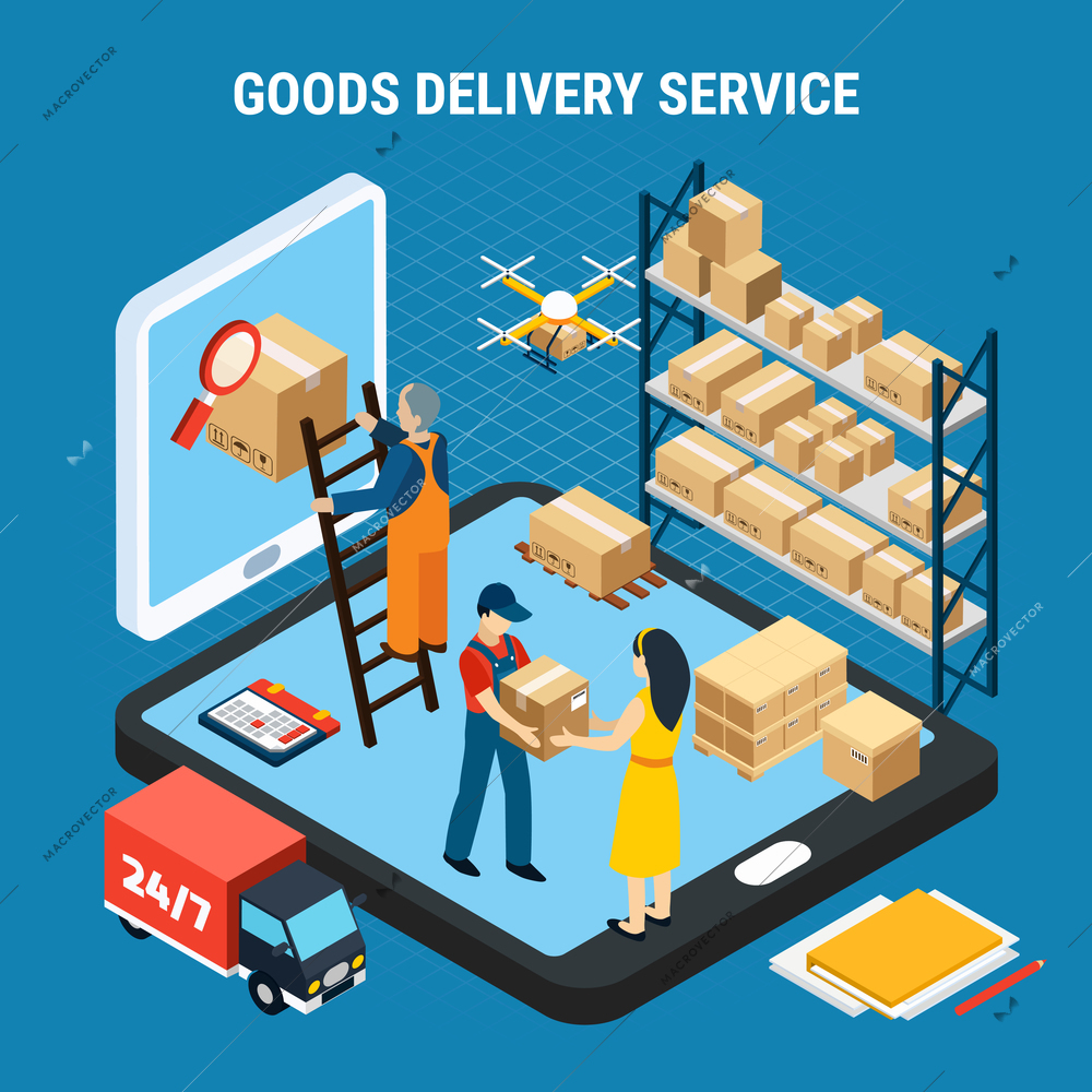 Logistics isometric concept with online goods delivery service workers on blue background 3d vector illustration