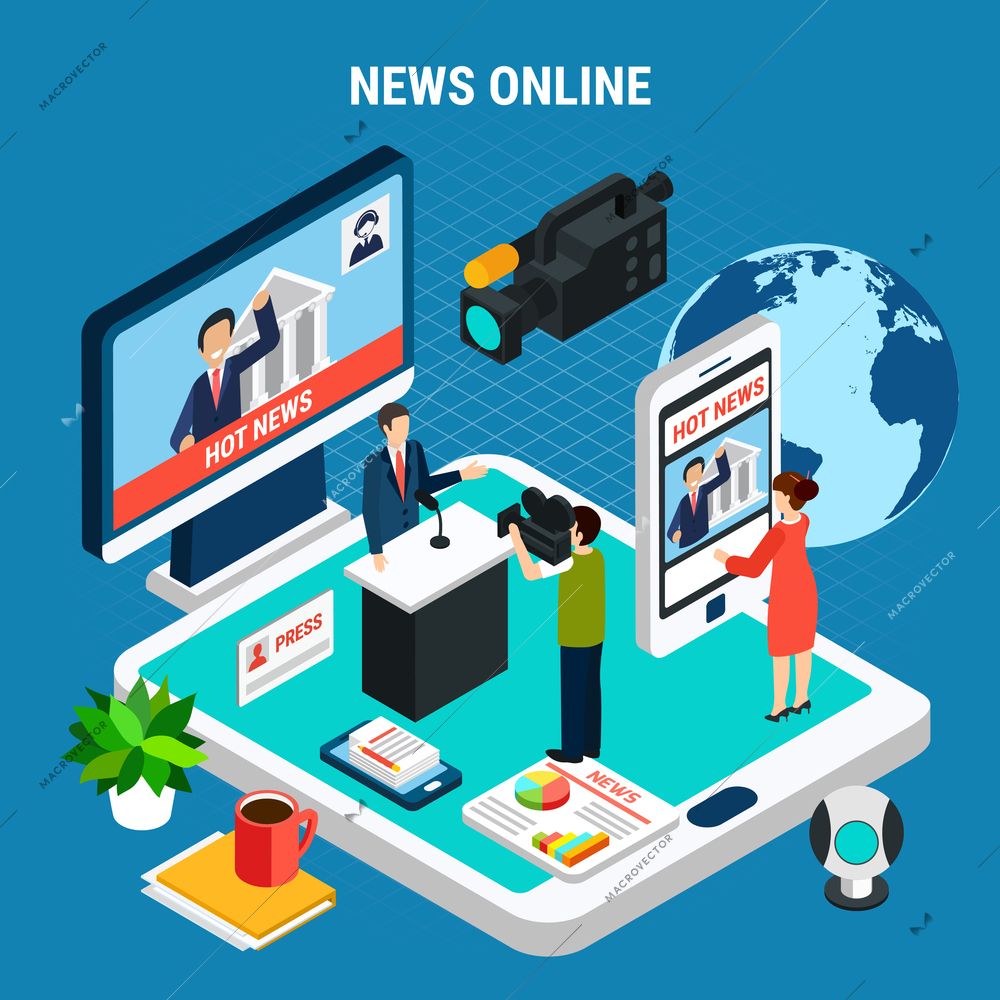 Photo video isometric composition with conceptual images of gadgets and news reporter in studio with text vector illustration