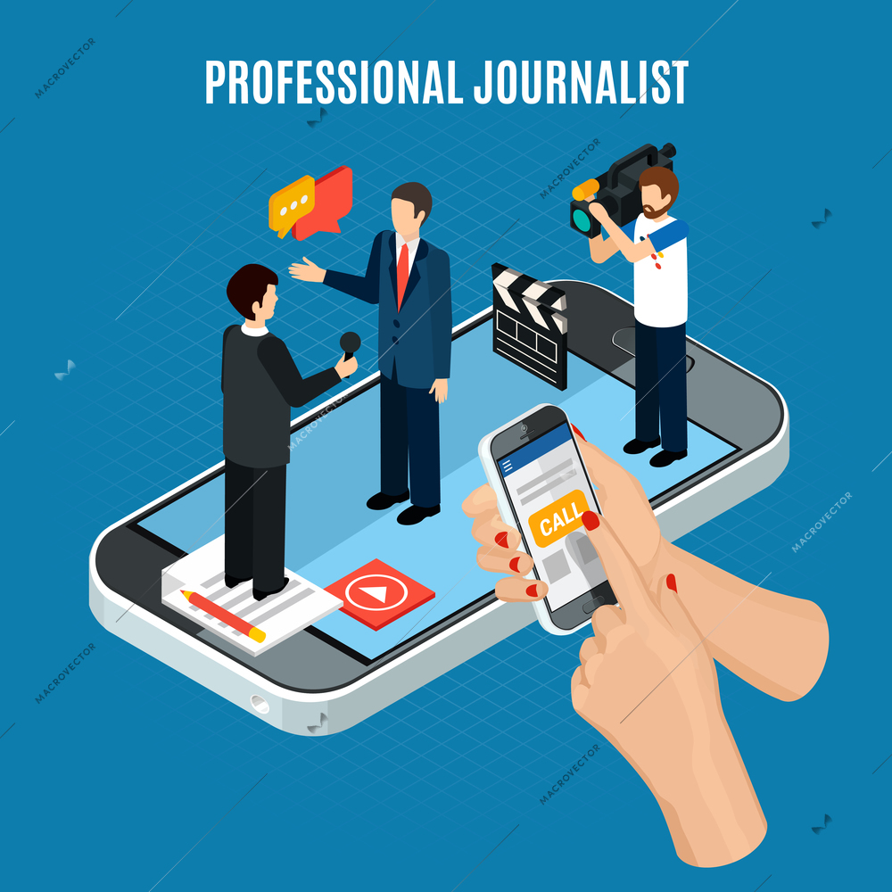 Photo video isometric composition with characters of cameraman journalist and interviewee on top of smartphone screen vector illustration