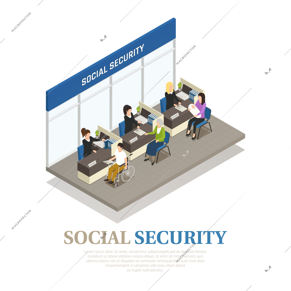 Elderly woman, disabled person and mother with infant in social security office isometric composition vector illustration