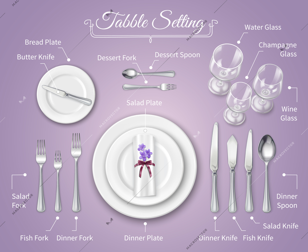 Formal dinner place setting infographics background with flatware on rose tablecloth realistic vector illustration