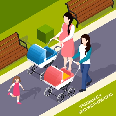 Pregnancy and motherhood isometric composition young mothers with prams during walk in park vector illustration