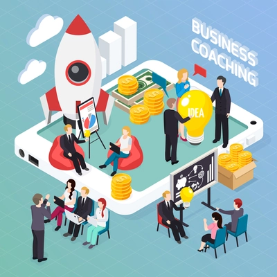 Business coaching isometric composition, creative idea discussion for start up project, mentoring and personnel training vector illustration