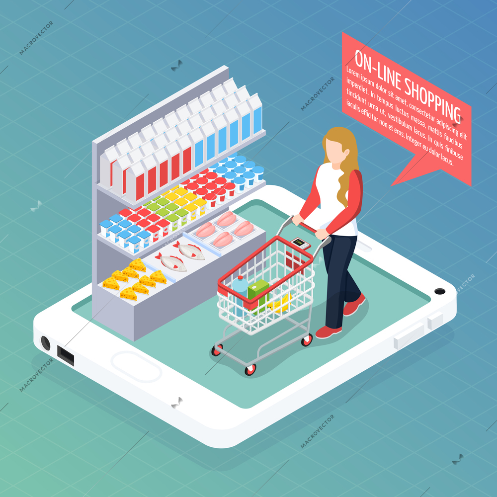 Super market online isometric composition, shelves with goods, woman with trolley on mobile device screen vector illustration