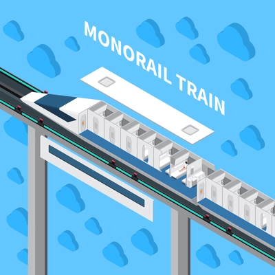 Monorail speed train isometric composition  with interior constructor of car and traveling passengers vector illustration