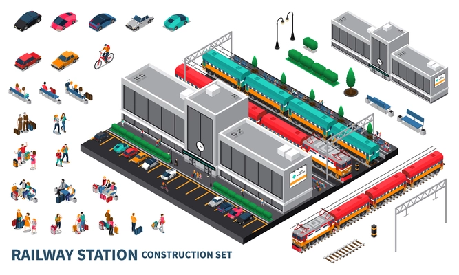 Railway station constructor elements with modern station building trains and  passengers baggage waiting for departure in hall isometric vector illustration