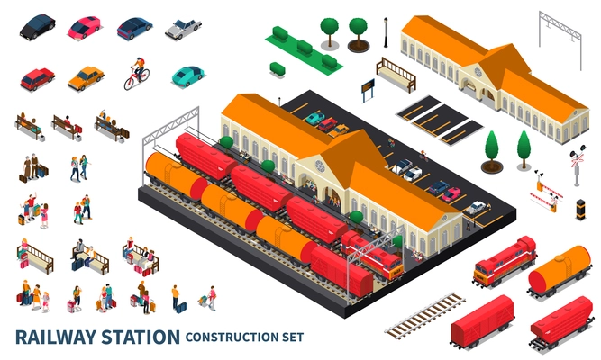 Railway station construction set of locomotive cargo tanks passengers personal car parking and city landscape elements isometric vector illustration