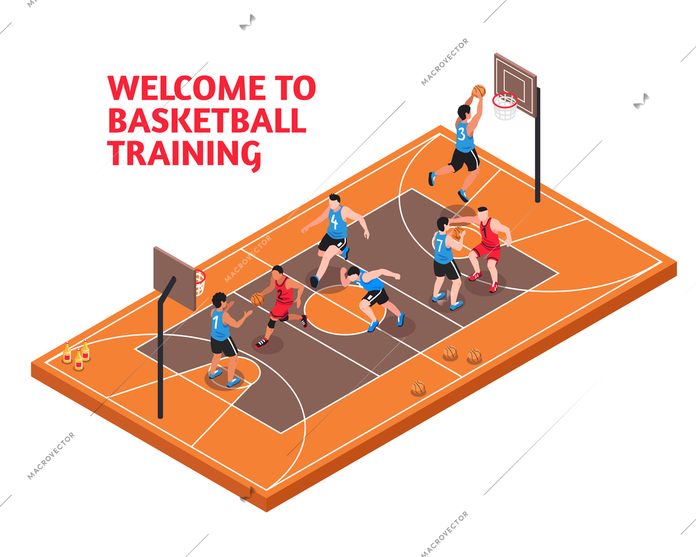 Sport club facility fields isometric advertisement poster with basketball players shooting scoring court domination training vector illustration