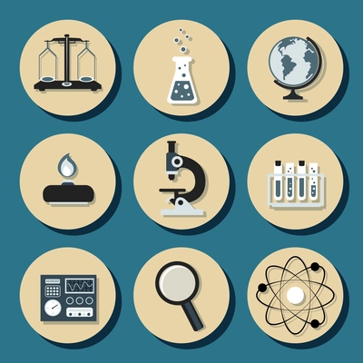 Science chemistry laboratory equipment icons set with flask scales burner isolated vector illustration