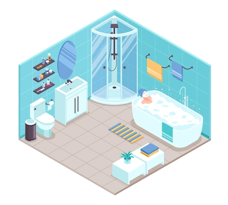 Bathroom interior isometric view with oval bathtub corner shower cabine toilet sink units towel holders accessories vector illustration