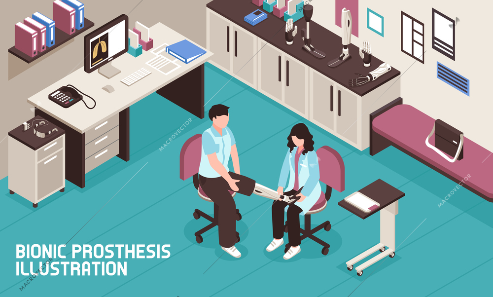 Bionic prosthesis isometric illustration with male patient receiving brain controlled leg in doctors office vector illustration