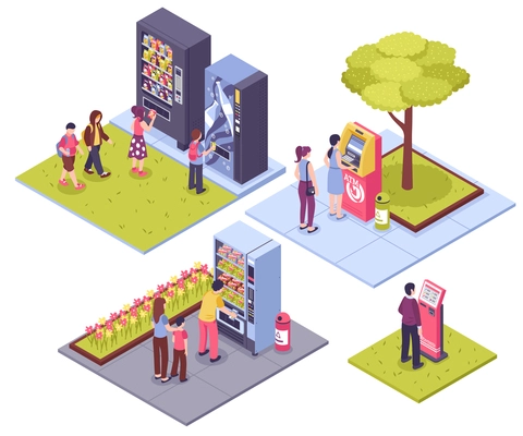 Automatic vending machines outdoor concept 4 isometric images with people buying snacks beverage tickets isolated vector illustration