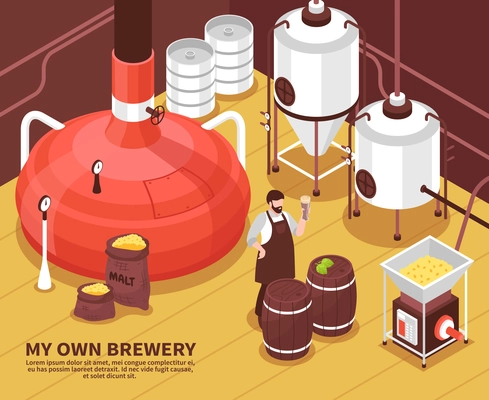 One-man brewery facility with barley sacks malting heating fermentation equipment and proud owner isometric vector illustration