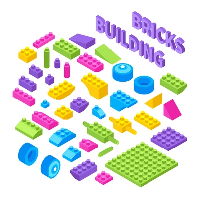 Children toy constructor isometric blocks set with colorful plastic building bricks wheels pieces components isolated vector illustration