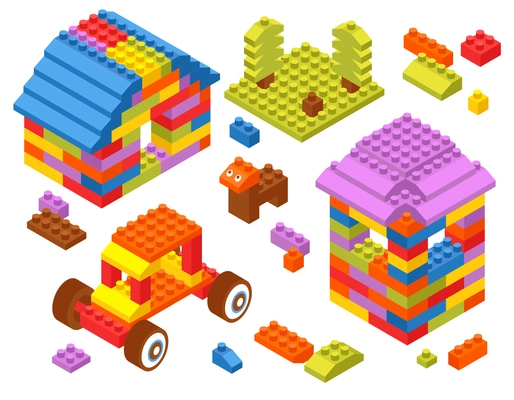 Children toy constructor isometric composition with tractor tower house dog from colorful building bricks blocks vector illustration