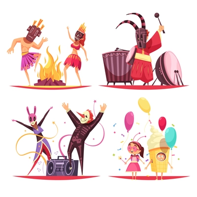 People wearing different costumes and having fun at carnival party 2x2 design concept cartoon isolated vector illustration