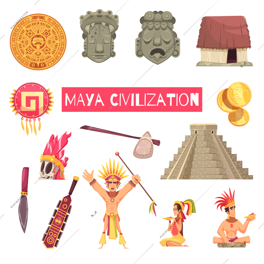 Maya civilization set of ancient masks accessories buildings and people isolated on white background cartoon vector illustration