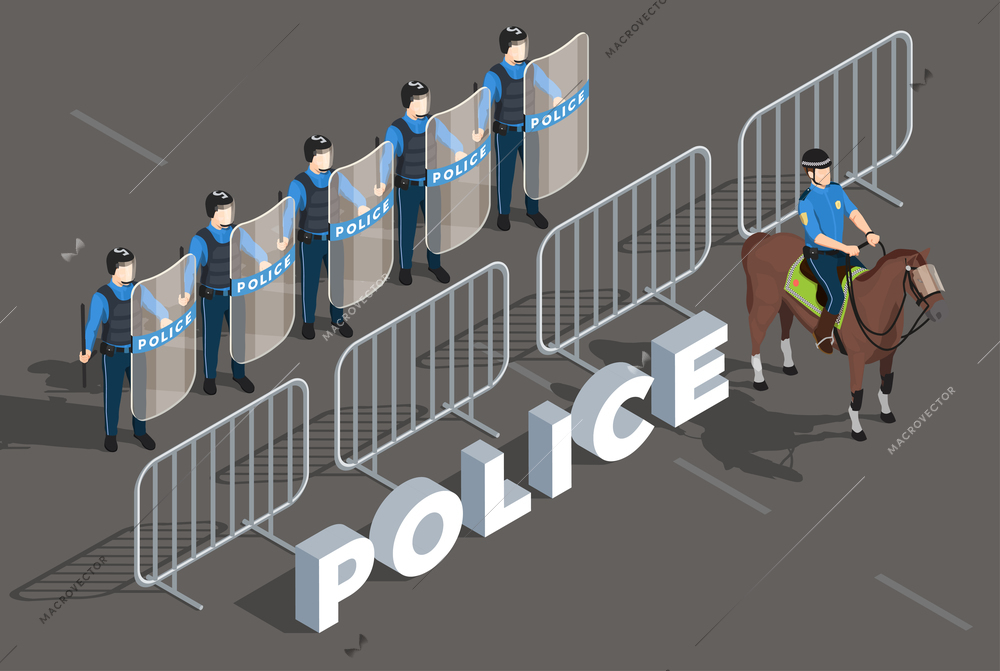 Police isometric composition with law enforcement and people symbols vector illustration