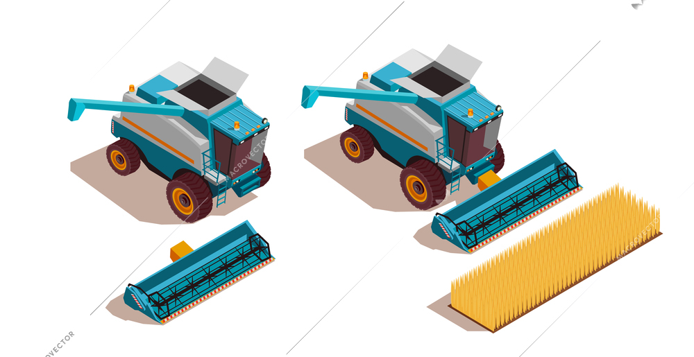 Agricultural machines isometric set with harvest and transportation symbols isolated vector illustration