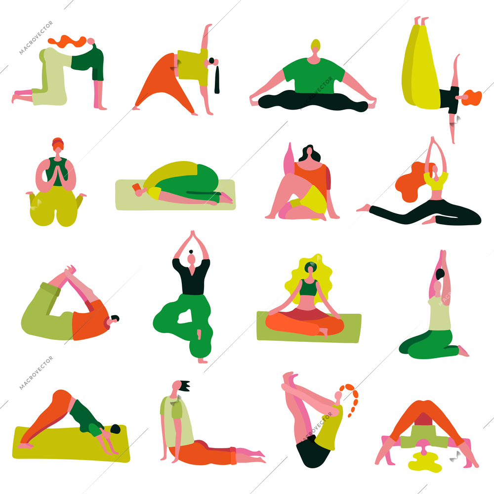 Yoga asanas collection from beginner to advanced seated standing stretching twisted with lotus pose isolated vector illustration