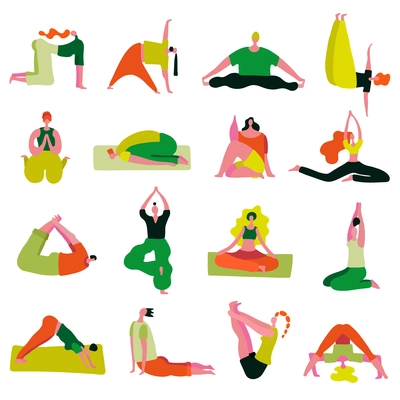 Yoga asanas collection from beginner to advanced seated standing stretching twisted with lotus pose isolated vector illustration