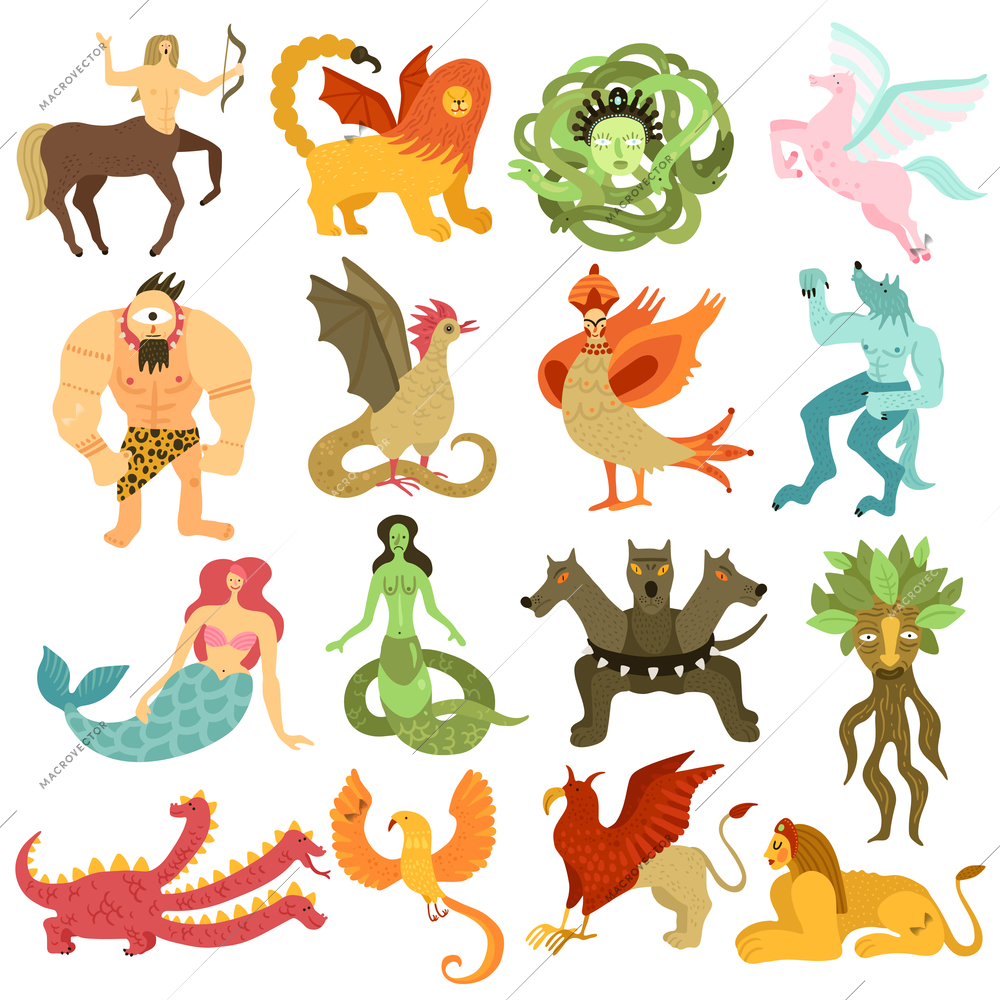 Mythical creatures characters colorful set  with mermaid pegasus centaur chimera dragon cyclopes gorgon medusa isolated vector illustration