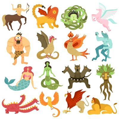 Mythical creatures characters colorful set  with mermaid pegasus centaur chimera dragon cyclopes gorgon medusa isolated vector illustration