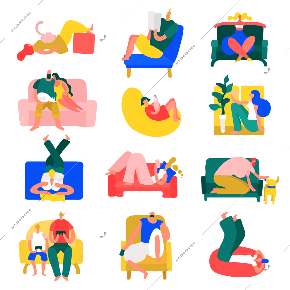 People free time rest home poses colorful icons collection with relaxing in yoga position isolated vector illustration