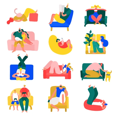 People free time rest home poses colorful icons collection with relaxing in yoga position isolated vector illustration