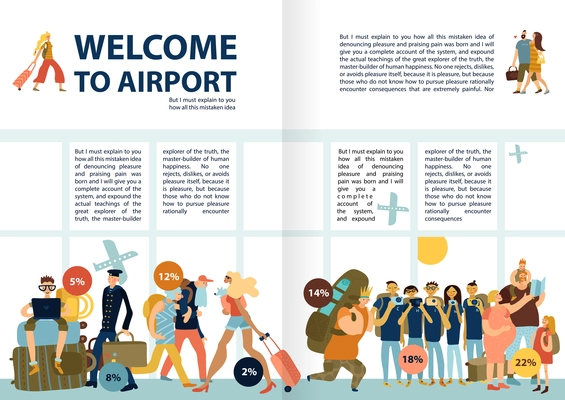 Airport services information infographic text with funny pictures traveling families singles tourists groups late passengers vector illustration