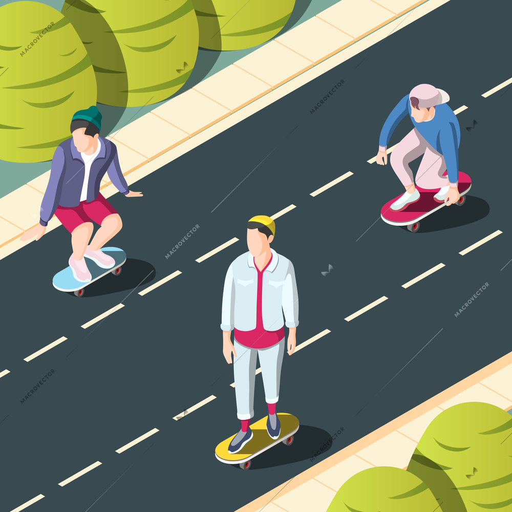 Skateboarding urban background with teenagers on skateboards riding in city streets isometric vector illustration