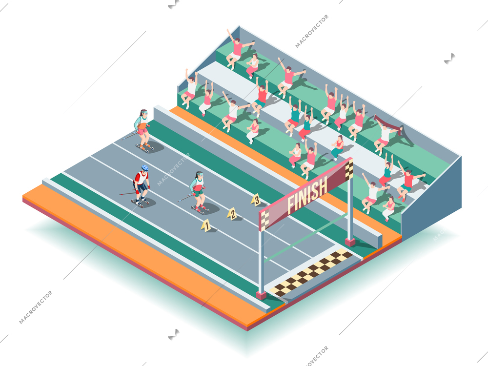 Sports rollers competitions on stadium isometric background with spectators and athletes approaching to finish line vector illustration
