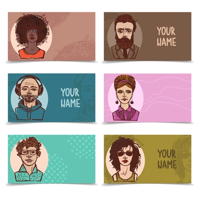 Sketch grunge males and females people faces portraits on business cards set isolated vector illustration