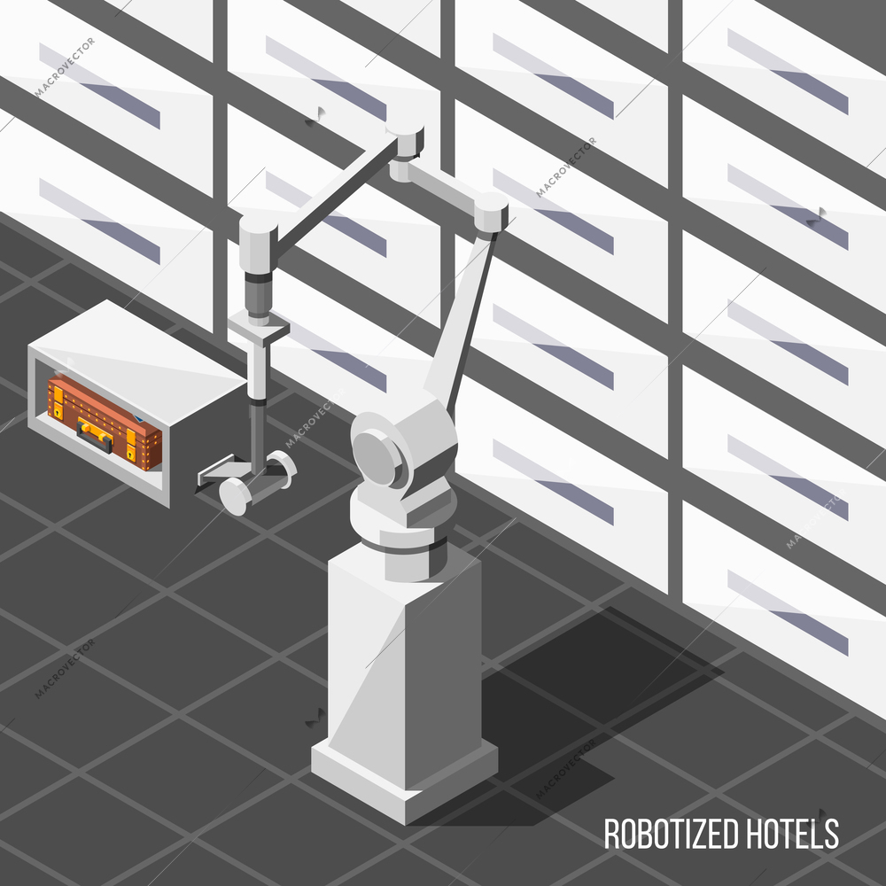 Robotized hotels isometric background with robotic assistant stacking guest baggage in storage room vector illustration