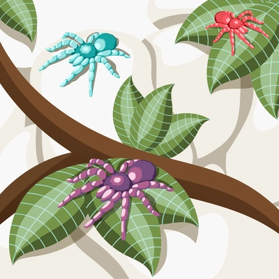 Exotic insect isometric background with colorful spiders sitting on tropic tree leaves cartoon vector illustration